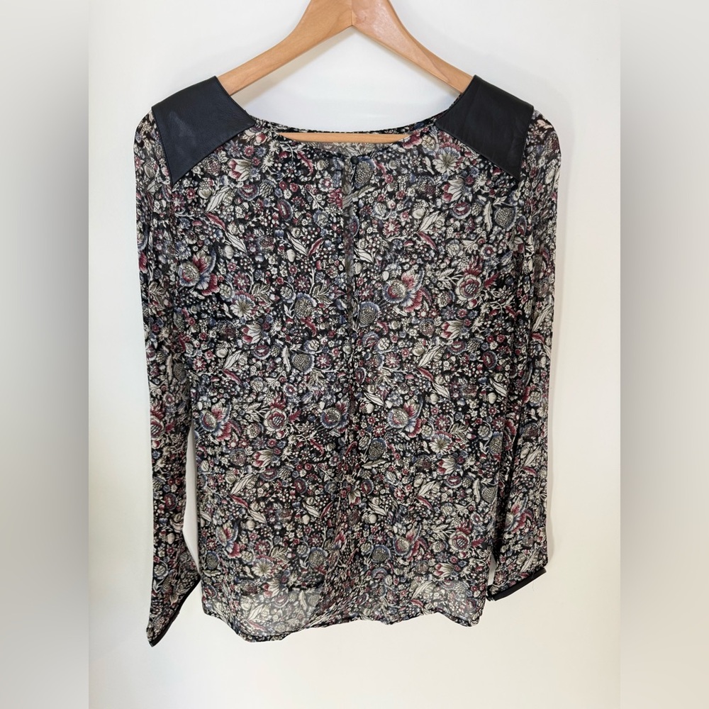 Club Monaco 100% silk Floral Blouse with Black Leather Details